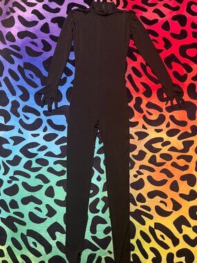 FULL BLACK BODYSUIT CATSUIT WITH FOOTIE 90% POLYESTER 10% SPANDEX